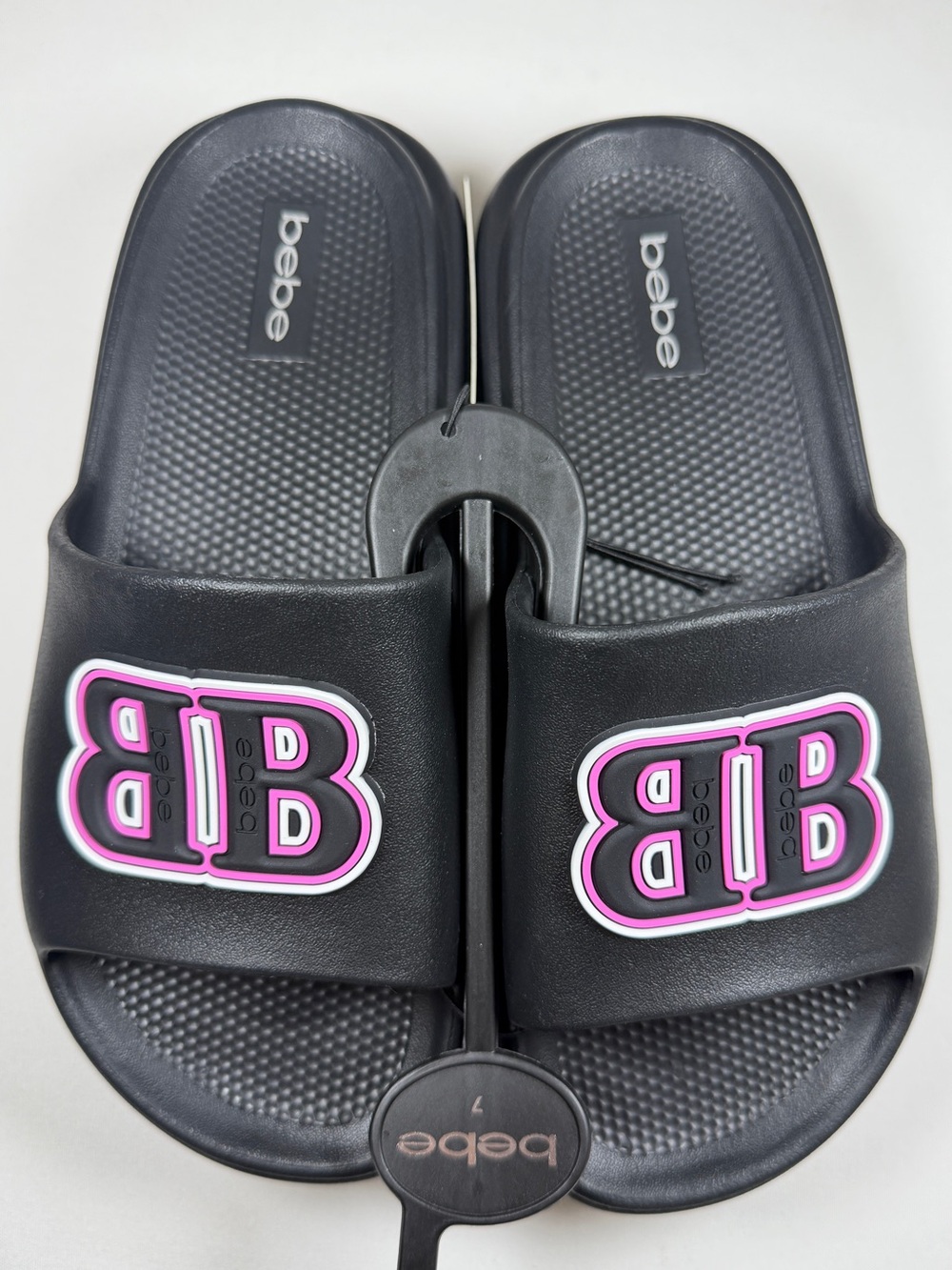 Bebe Platform Slide Sandals Black Pink BB Logo Size 7 NWT